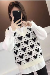 V-Neck Hearts Pattern Knitted Vest Sweater